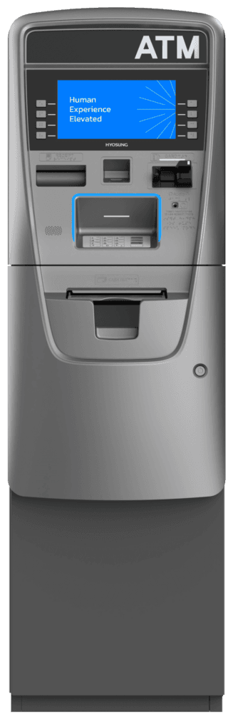 A Hyosung Halo II ATM — a freestanding machine with a colour touchscreen, card reader, keypad and cash dispenser